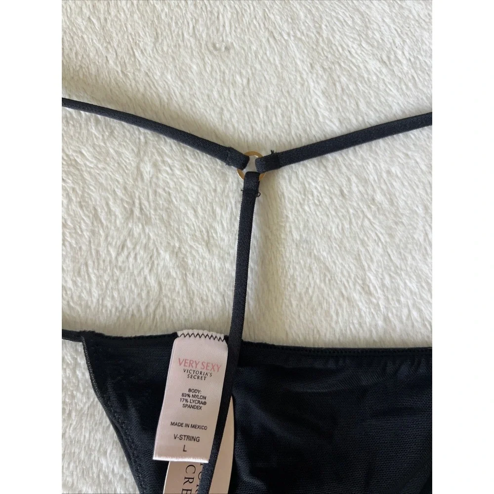 Vintage Victoria's Secret L Very Sexy Satin Black Rhinestone Bling V-String Y2K